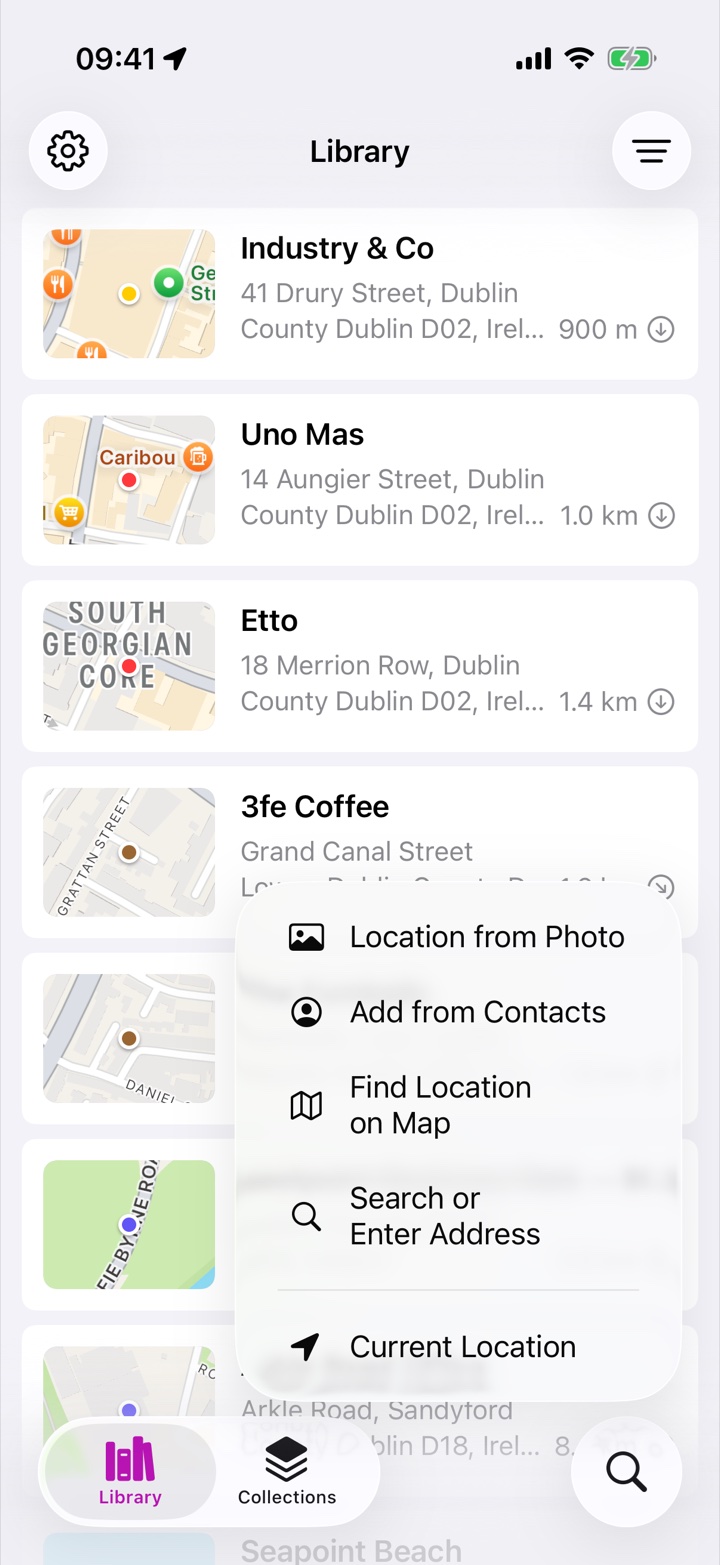 Rego's Add Place flow showing capture sources: current location, search, map position, contact and photo