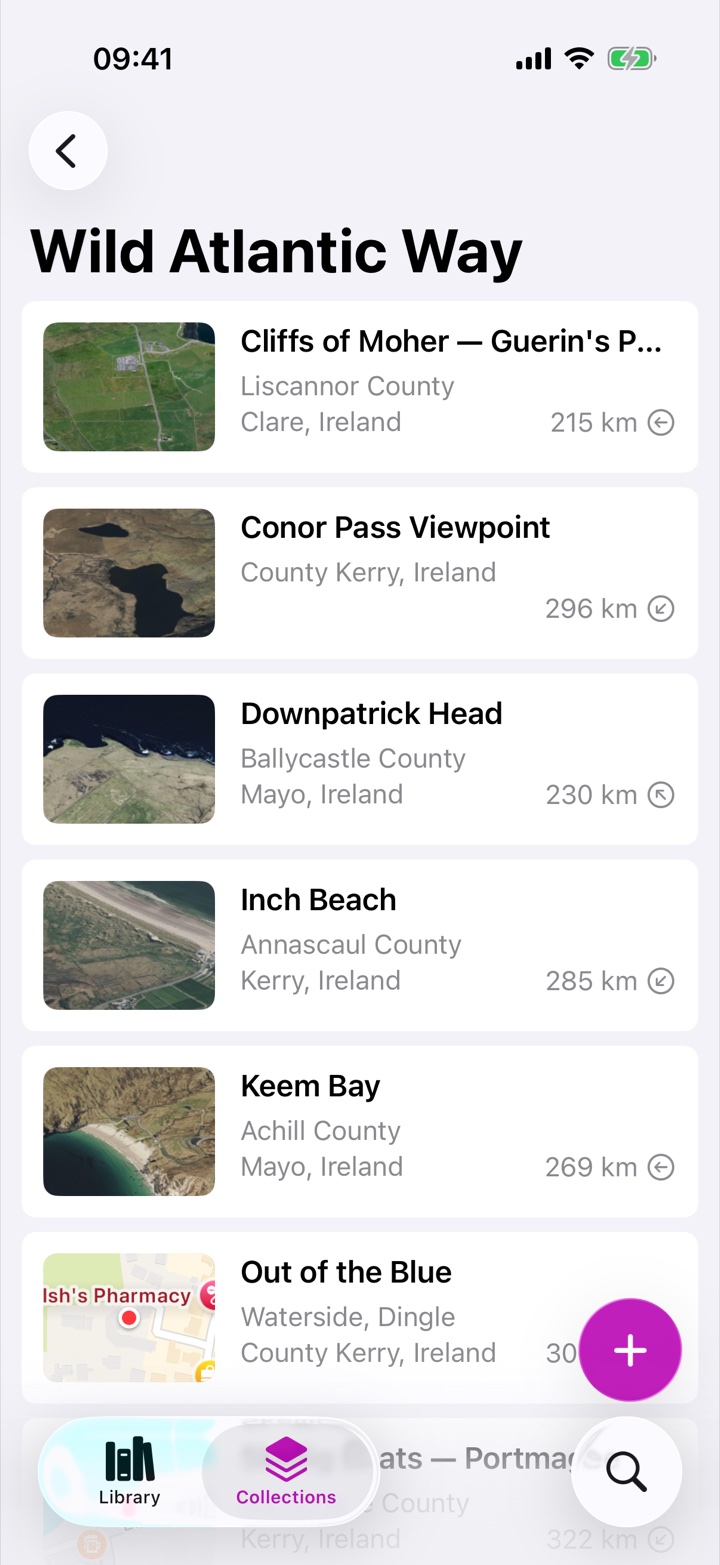 A folder in Rego showing the places of a trip gathered together