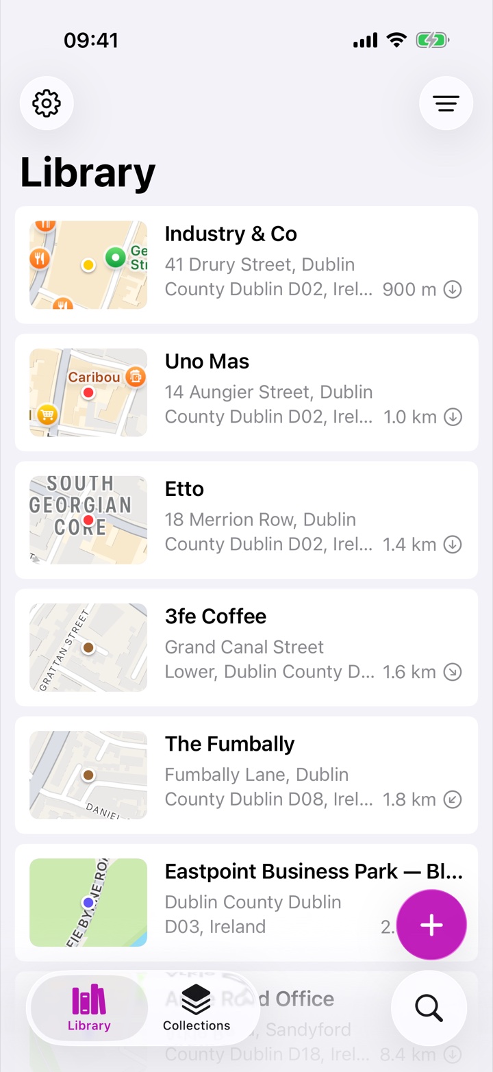 Rego place list showing live distance and direction to each saved place