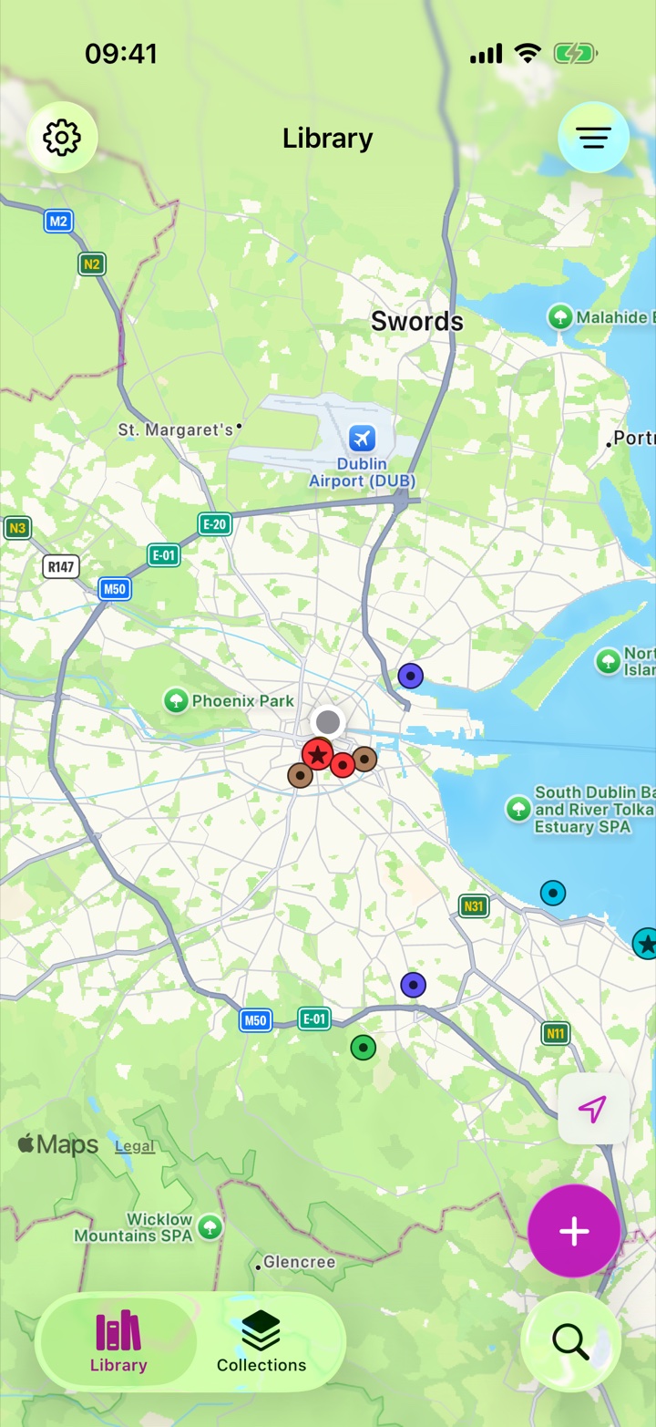 Full-screen Rego map with colored pins across a region